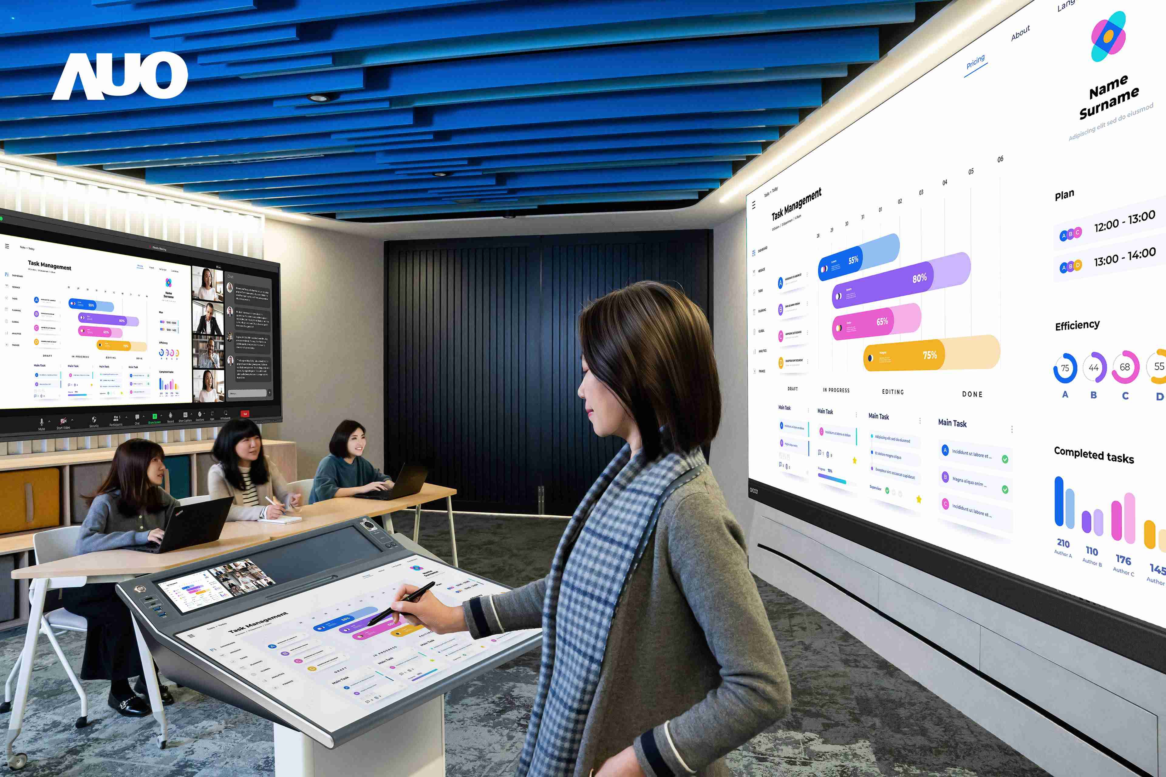 达擎携手Avocor与Rise Vision展示全方位商务领域应用，，，，包含采用模块化设计的138吋一体式All-in-One LED显示器及具21:9超宽比例的92吋交互式电子白板（IFPD），，，讲者可轻松分享内容，，有效提升会议协作效率。。。